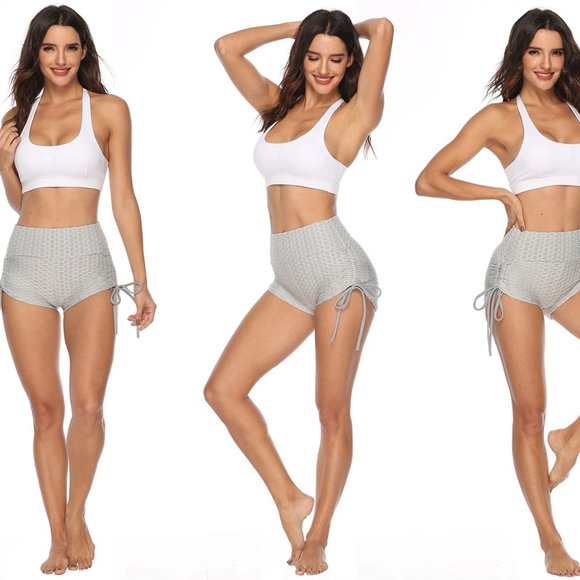 High Rise Yoga Short Wide Waistband Ruched Shorts Hides tummy flab - Gray - Picture 5 of 11